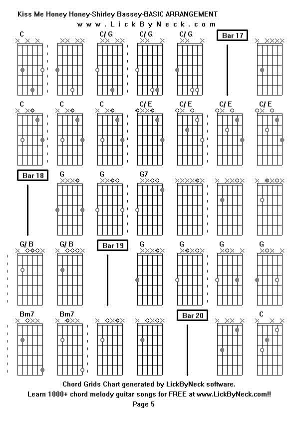 Chord Grids Chart of chord melody fingerstyle guitar song-Kiss Me Honey Honey-Shirley Bassey-BASIC ARRANGEMENT,generated by LickByNeck software.